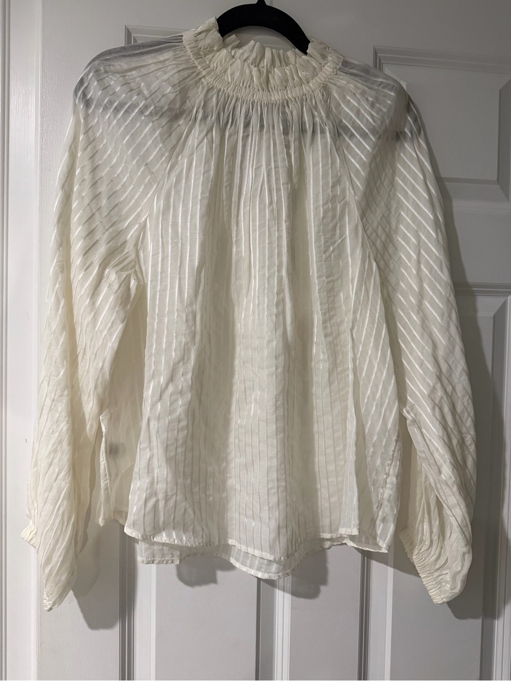 Ann Taylor Cream Sheer Striped Ruffle-Neck Blouse